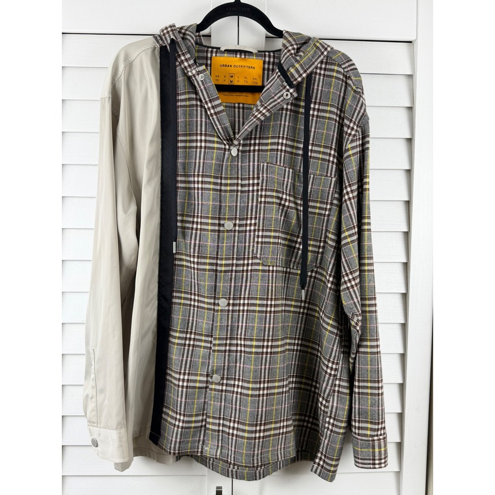 Urban Outfitters Hooded Shirt Mens M Brown Plaid‎ Mixed Media Snap Front